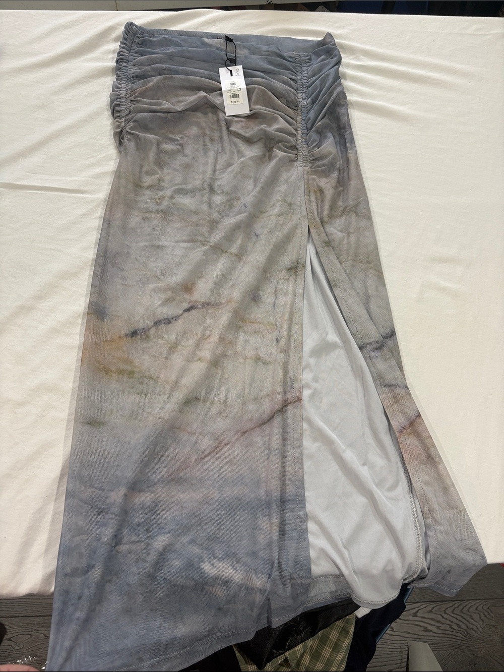 Dynamite Marble-Print Ruched Maxi Skirt in Gray and Subtle Neutrals